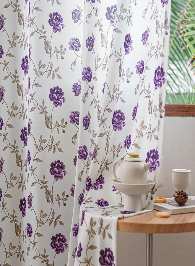 Beauoop Floral Sheer Curtains 54 Inches Long 2 Panels for Bedroom Living Room Purple Brown Flower Patterned Vintage Rose Light Filtering Silk-Like Rod Pocket Semi Voile Window Drapes, 52X54 2 Set - Image 1